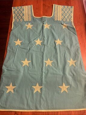Star Embroidered Dress - Teal and Yellow